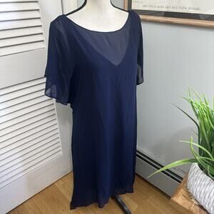 Adrianna Papell Dress Large Blue Layered Sheer Minimalist Mother Bride Wedding
